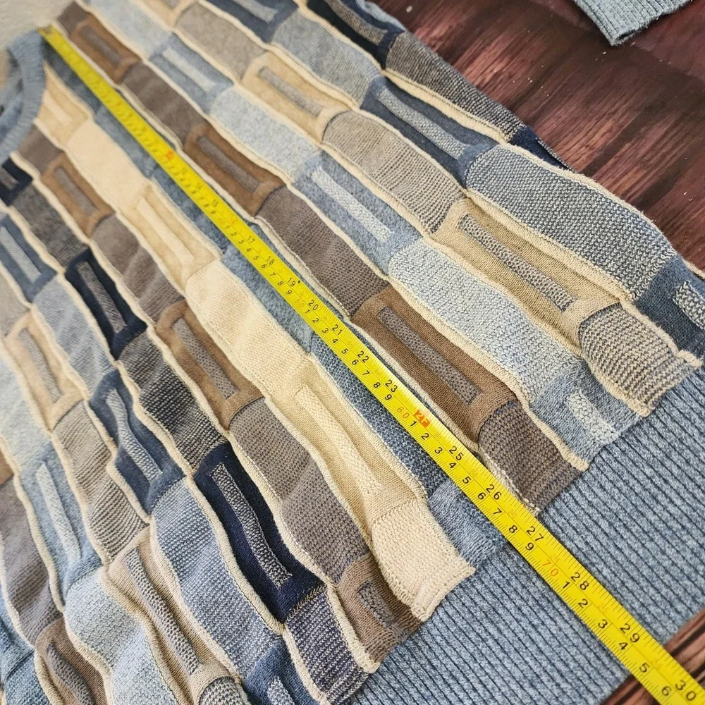 Norm Thompson XL 3D Knit Sweater Blue Beige Geometric Coogi Style Vintage‎ - Picture 8 of 8